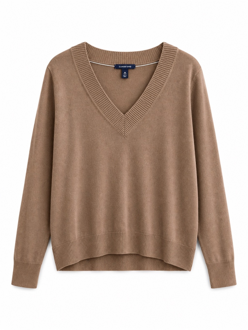 Lands’ End Women V Neck Sweater Lightweight Knit Tan Brown Medium 10-12
